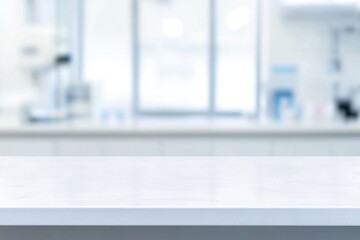 Clean white counter space in a modern facility with blurred equipment and a large window