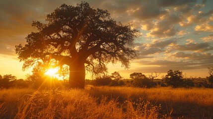 Fototapeta premium Golden sunlight filters through the branches of a large tree, illuminating a tranquil grassland as the day transitions into night with soft clouds scattered in the sky.