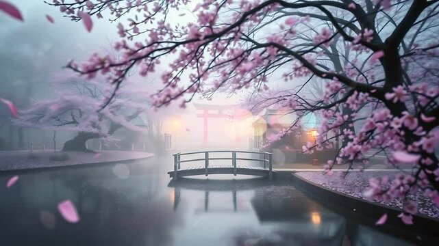 Misty Japanese Garden with Cherry Blossoms ,
lofi anime aesthetic backgrounds , looping seamless time-lapse