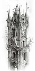 Fototapeta premium Gray Scale Sketch Of An Ornate Gothic Tower With Architectural Details Showing Detailing And Intricate Elements. An Illustration Of An Old Tower With Architectural Intricacies. This Is A Grayscale