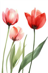 Delicate red pink Tulip flowers on a white background. Watercolor illustration.