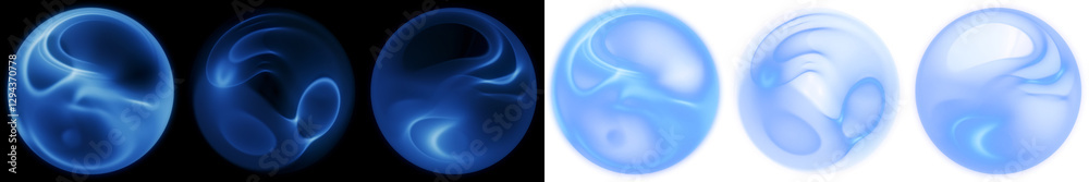 Poster set of 3 abstract fluid elements: translucent blue fluid elements with dynamic internal motion, isol