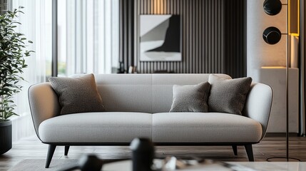 Modern luxury living room with elegant gray sofa, marble coffee table, and warm accent pillows. Stylish interior with contemporary decor, natural lighting, and minimalist design