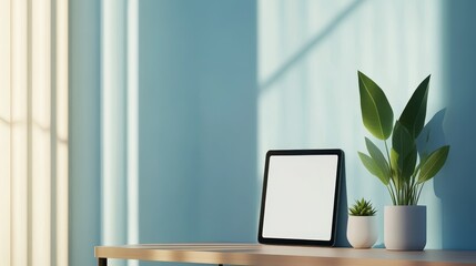 Minimalist interior scene featuring a blank tablet on a wooden table with potted plants and sunlight