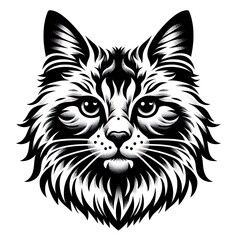 Detailed black and white graphic illustration of a Maine Coon cat's head.