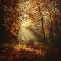 Obraz premium A golden autumn forest with leaves in shades of orange and red, sunbeams filtering through the canopy, soft earthy tones, breathtaking woodland scenery, ultra-detailed textures. 