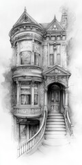 Obraz premium Grayscale Drawing Of A Victorian House With Ornate Details And Exterior Stairs Including Windows And Doors Shown In Monochrome Style With Detailed Perspective Drawing Of Architecture Style Exterior