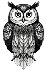 Black and white owl on a white background.
Black and white image of an owl sitting on a branch