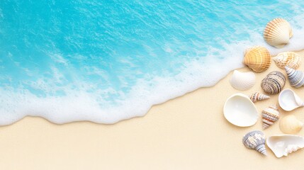 Obraz premium Serene beach scene with seashells on golden sand and gentle waves lapping at the shore