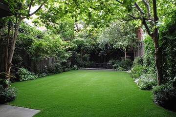 Obraz premium A vibrant green garden at the height of summer, with a variety of plants and flowers adding rich texture and color to the outdoor space. 
