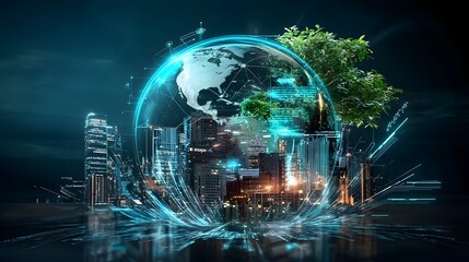 Futuristic business technology integrates with a glowing digital Earth