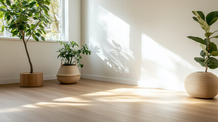 bright and airy minimalist home workout corner featuring potted plants, natural light, and wooden flooring creates serene atmosphere for exercise and relaxation