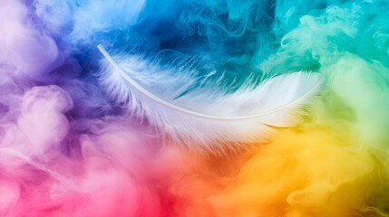 White Feather on Vibrant Colorful Smoke Background