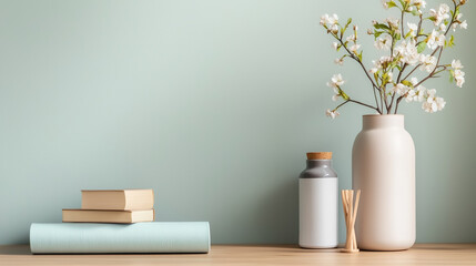 minimalist home decor scene featuring stacked books, decorative vase with flowers, and calming color palette. This setup creates serene and inviting atmosphere