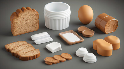 Obraz premium A collection of food items including bread, an egg, and various containers, all displayed on a neutral background.