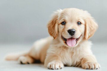 Playful puppy with a big smile, tongue out and happy expression.