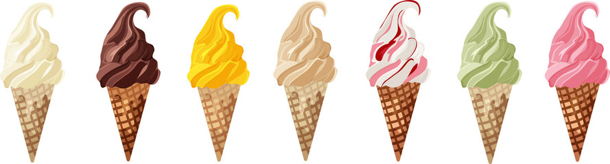 Set of ice cream in cone of waffle isolated on white background. Chocolate, vanilla, pistachio, mango, coffee, yogurt with cherry, strawberry. Vector illustration. ideal for posters, packaging.