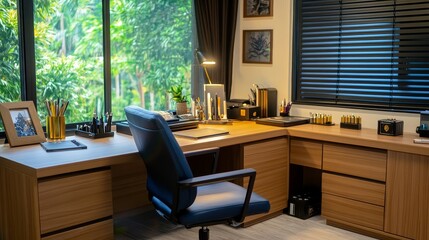 Fototapeta premium Modern home office with wooden furniture, organized workspace, and greenery visible outside the window