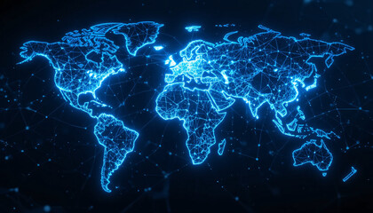 Digital world map with glowing blue lines and connected dots representing global network, data transfer, and communication across continents. Abstract futuristic technology background.