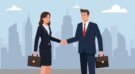 Flat illustration of a businessman and businesswoman shaking hands in front of a city skyline, symbolizing corporate partnerships and agreements