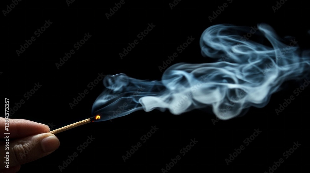 Poster a hand delicately holds a matchstick ignited at one end, releasing wisps of soft gray smoke that swi