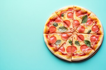 Sliced pepperoni pizza with melted cheese and basil leaves on a vibrant turquoise background, creating a colorful culinary scene
