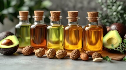 Assorted nut oils in small bottles, on a countertop with fresh avocados, walnuts, almonds, and herbs