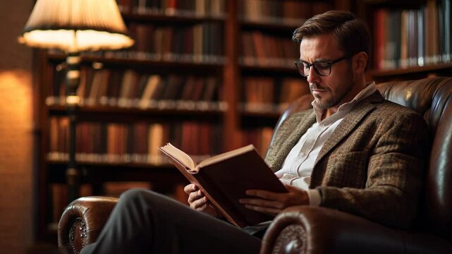 A sophisticated man in glasses reading a book in a dimly lit vintage library