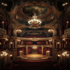 Obraz premium A grand Parisian opera house with lavish chandeliers, ornate balconies, deep red velvet curtains, ultra-detailed high-resolution classic European architecture. 