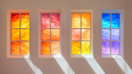 Fototapeta premium Colorful stained glass windows casting vibrant light patterns on a wall creating a warm and inviting atmosphere indoors.