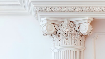 Obraz premium Ornate white architectural column with intricate designs and detailed carvings against a pale wall background.