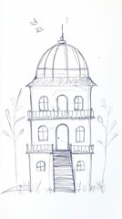 Ink Sketch of a Classical Building with a Dome and Tower Detailing Architectural Elements and Design in a Monochrome Perspective Sketch Style with Precise Lines and a White Background Architectural