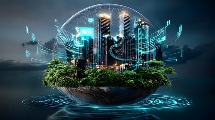 Futuristic sustainability vision showcasing an AI driven digital Earth with holographic data streams representing environmental progress and eco conscious business solutions