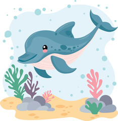Obraz premium Cute dolphin on a sea background. Postcard, sticker. Children's educational material