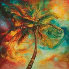 Colorful coconut tree, Alien coconut tree, outspace tree, AI generative 