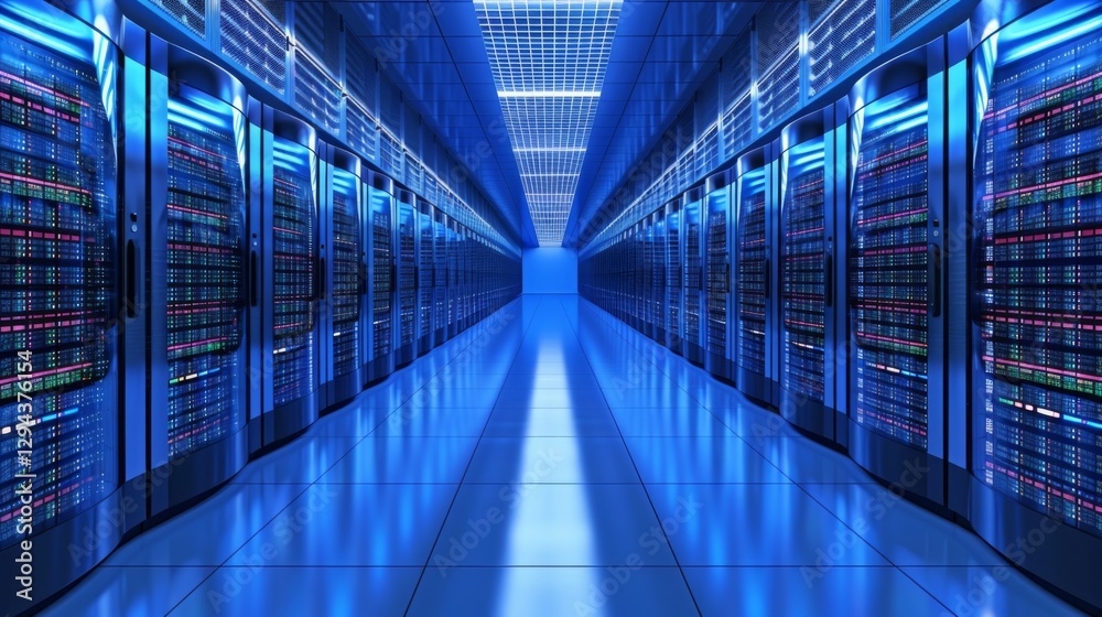 Poster Rows of sleek server racks illuminated in bright blue create a futuristic atmosphere in a spacious data center, showcasing advanced technology and efficient design during nighttime.