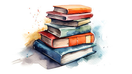 Watercolor illustration of old stacked books  on white and transparent background. PNG