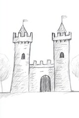 Fototapeta premium Medieval Castle Sketch With Two Towers And Gate Entrance Exterior Architectural Drawing Black And White Line Art Illustration Design And Facade View Drawing Sketch Simple Graphic Image Monochrome