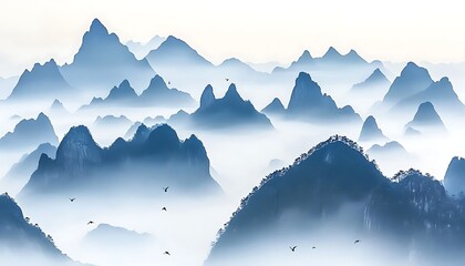 Misty mountain range, birds flying, serene landscape, calming decor