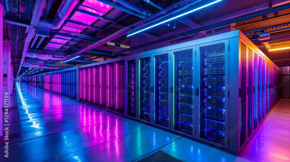 Leinwandbilder Colorful LED lights highlight rows of server racks in a high tech data center, creating an eye catching display that emphasizes the technological environment during late hours.