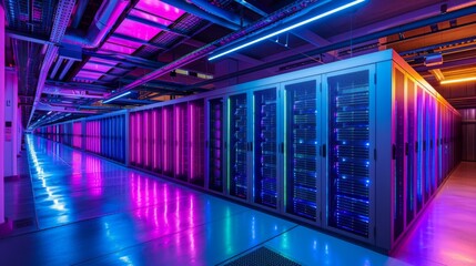 Colorful LED lights highlight rows of server racks in a high tech data center, creating an eye catching display that emphasizes the technological environment during late hours.