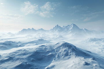 Obraz premium A serene winter landscape featuring majestic snow-covered mountains under a clear sky, evoking feelings of tranquility and solitude.