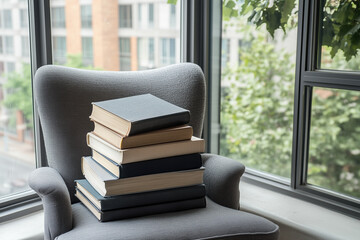 cozy reading nook featuring stack of self improvement books on chair, surrounded by large windows with view of greenery, creating serene atmosphere for relaxation and growth
