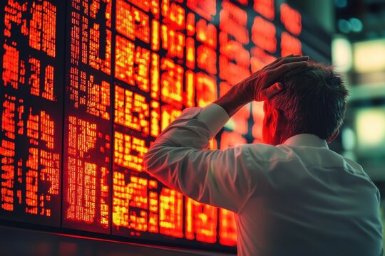 a businessman looking at a financial data board, showing stress and anxiety about business - Powered by Adobe
