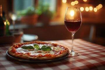 Delicious pizza margherita with glass of red wine on checkered tablecloth in cozy restaurant