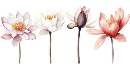Naklejka premium Delicate watercolor illustrations of blooming water lilies and lotus flowers