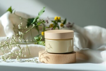 Luxury eco conscious skincare jar with soft beige tones and botanical elements . commercial mockup container