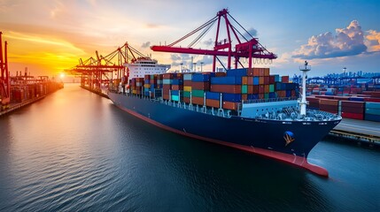 Fototapeta premium Majestic container ship departing from a bustling commercial dock with towering cranes in action