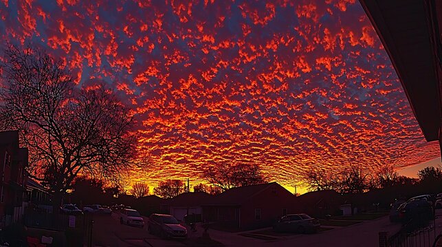 A fiery sunset sky filled with bold shades of red and orange, casting a dramatic and intense glow over the landscape as day turns into night.