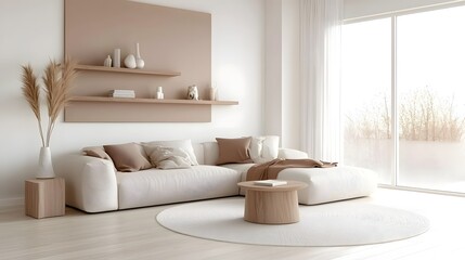 Fototapeta premium Minimalist and Cozy Living Room Design with a White Beige Sofa Set Against a Clean Backdrop Large Windows Allowing Natural Light to Fill the Space
